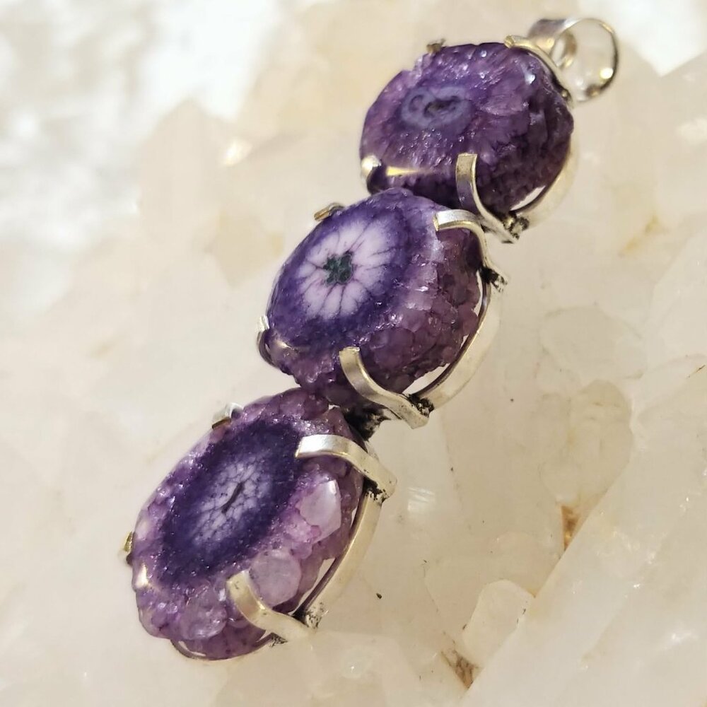 NWOT Dramatic Purple Solar Quartz Slice Stack Pendant 925 Sterling Overlay - Picture 3 of 10